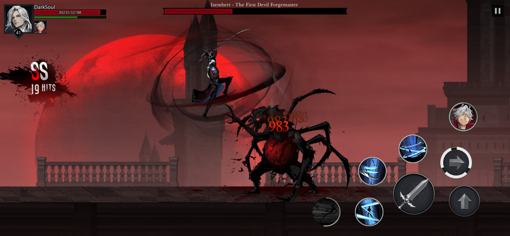 Shadow Slayer: Demon Hunter - Epic boss battle in Shadow Slayer Demon Hunter with a hero fighting a demon under a red moon.