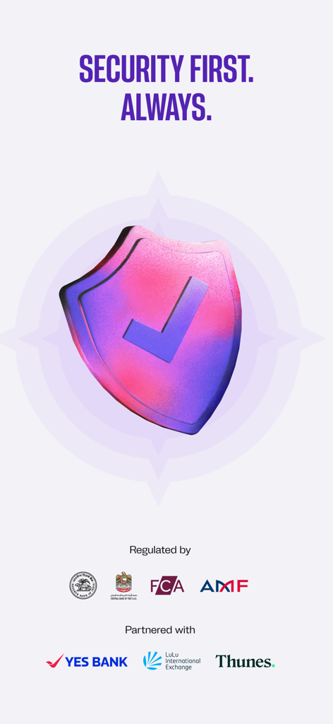 Aspora-App-Sicherheitsbildschirm mit Anzeige von regulatorischen Zertifizierungen und Partnerbanklogos für sichere internationale Geldüberweisungen