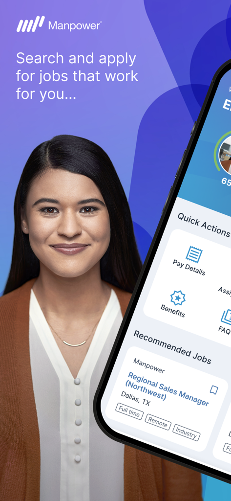 My Manpower – Job Search - Interface of the My Manpower app showing recommended jobs and pay details next to a smiling worker.