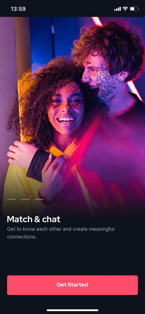 BeeDee app welcome screen showing two people smiling and embracing with the text Match and chat