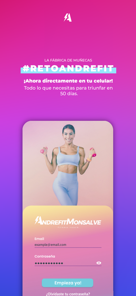 MuyAndreFit - Login screen for MuyAndreFit app with fitness coach Andreina Monsalve holding dumbbells