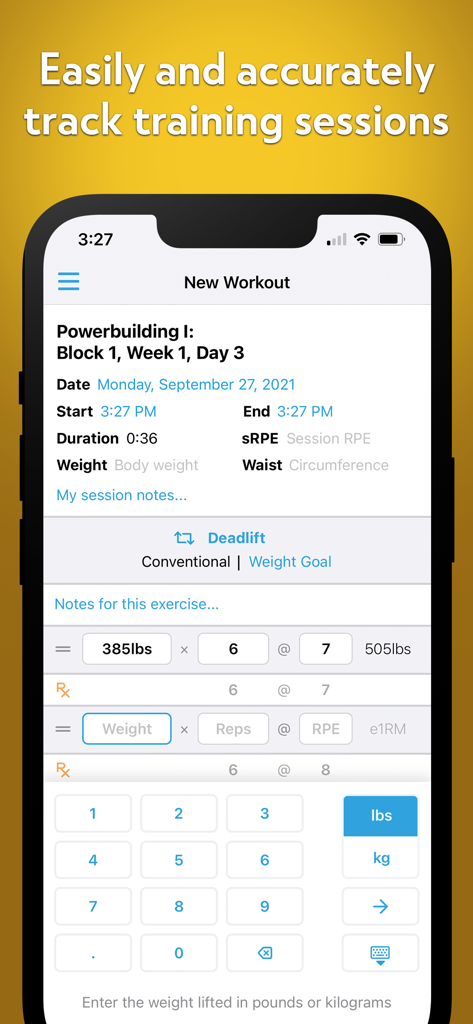 Barbell Medicine - Interface of the Barbell Medicine app showing a workout log for a powerbuilding session with deadlift tracking data.