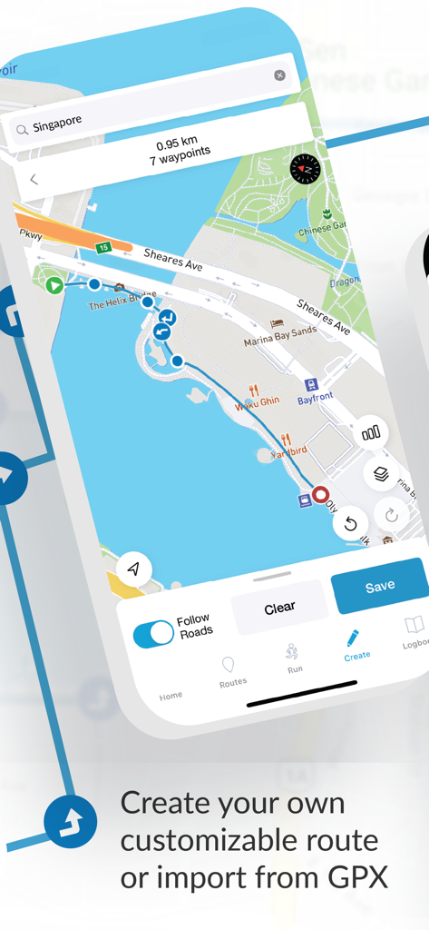 RunGo - The Best Routes to Run - Interface of the RunGo app showing the route creation tool with a map of Singapore and options to import GPX files.