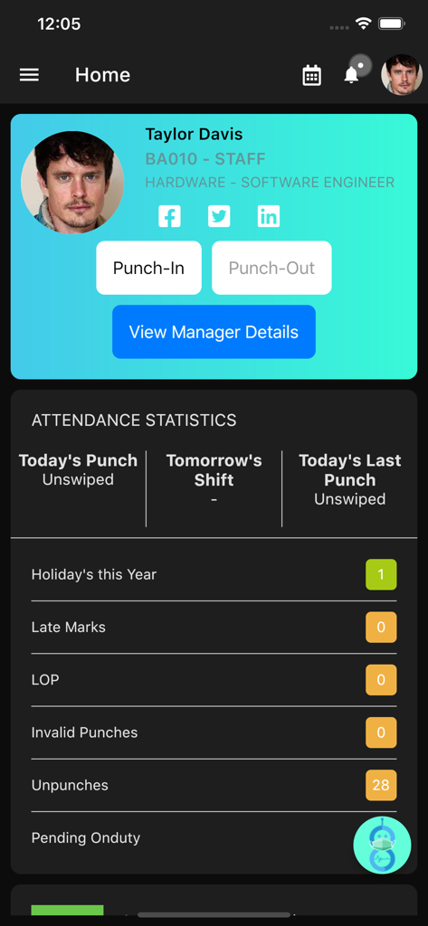 Pocket HRMS employee attendance dashboard featuring punch-in punch-out buttons and workforce statistics