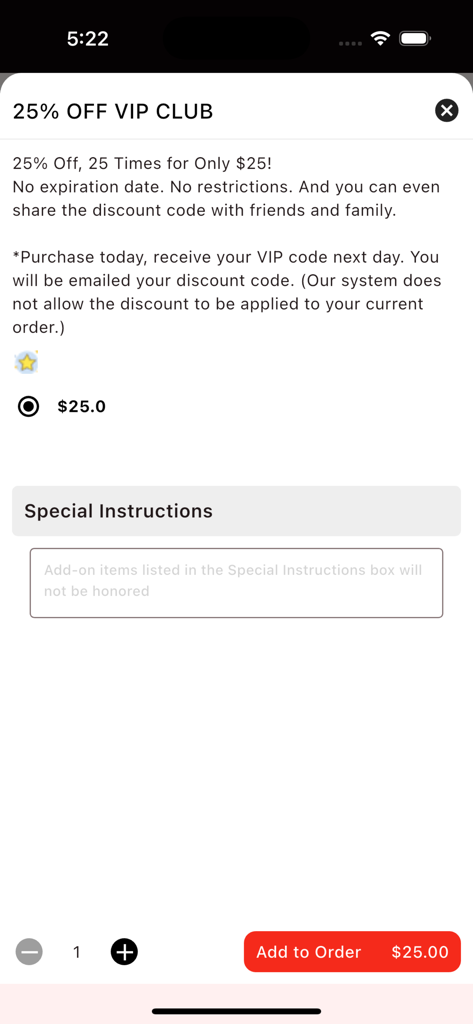 Friendship Restaurant - Screenshot dell'app Friendship Restaurant che mostra un'offerta di iscrizione al VIP Club con uno sconto del venticinque percento per venticinque dollari.