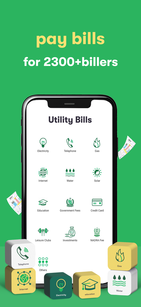 Interface of the Easypaisa app showing options to pay utility bills including electricity gas telephone and internet for over 2300 billers