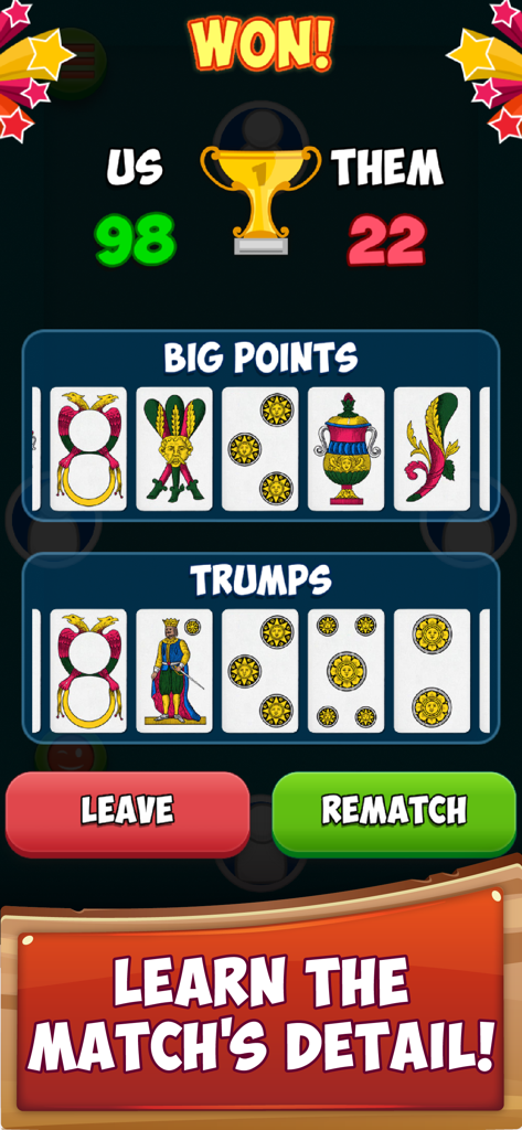 Briscola Online victory screen showing match results with traditional Italian regional cards