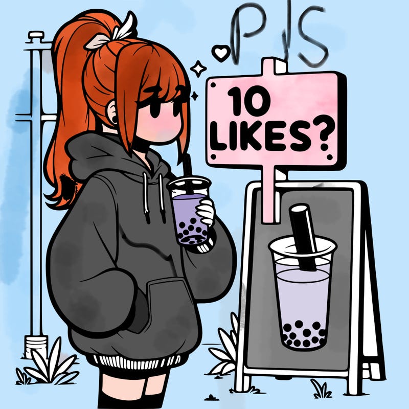 girl with oversized hoodie drinking boba and she has a high ponytail with a sign that says 10likes?