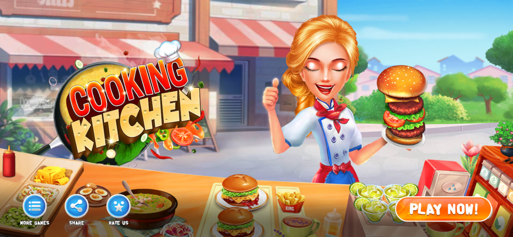 Cooking Games - Food Games - Una chef femenina sosteniendo una hamburguesa en la pantalla de presentación del juego Cooking Kitchen