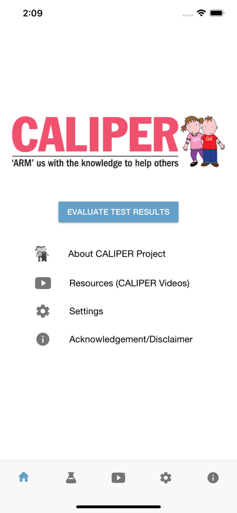 CALIPER App - La pantalla de inicio de la App CALIPER para la evaluación de resultados de laboratorio pediátricos.