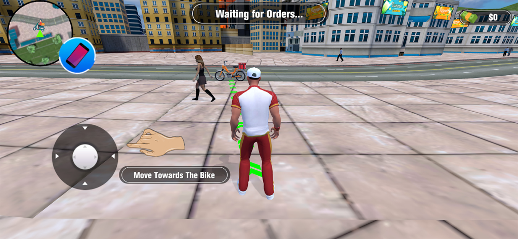 Food Hustle Delivery Game - Eine Figur in einer 3D-Stadtumgebung mit der Anweisung, sich zu einem Lieferfahrrad zu bewegen
