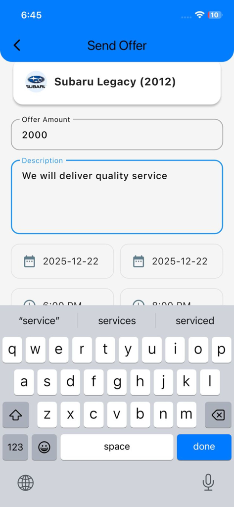 Mechanic Connect – Garage - Interface de l'application Mechanic Connect Garage affichant l'écran d'envoi d'offre avec des champs pour le prix et la description du service
