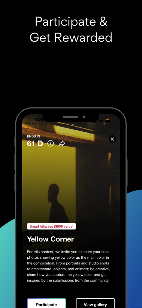 VIEWBUG - Photography - ViewBug app interface showing the Yellow Corner photography contest with rewards and a participate button