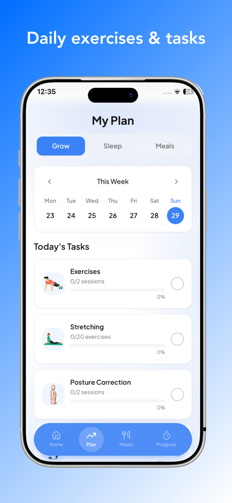 GoRise - Increase Your Height - GoRise app interface showing daily exercise stretching and posture correction tasks