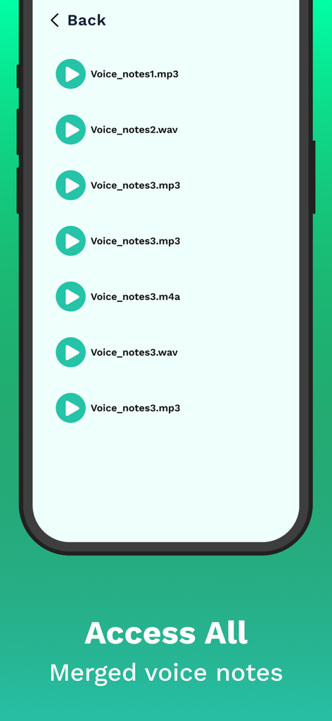 Pantalla móvil que muestra una lista de notas de voz fusionadas en varios formatos de audio como mp3 y wav