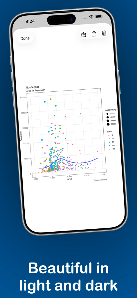 iPhone screen displaying a colorful scatterplot of area versus population created with the webRios R environment app.