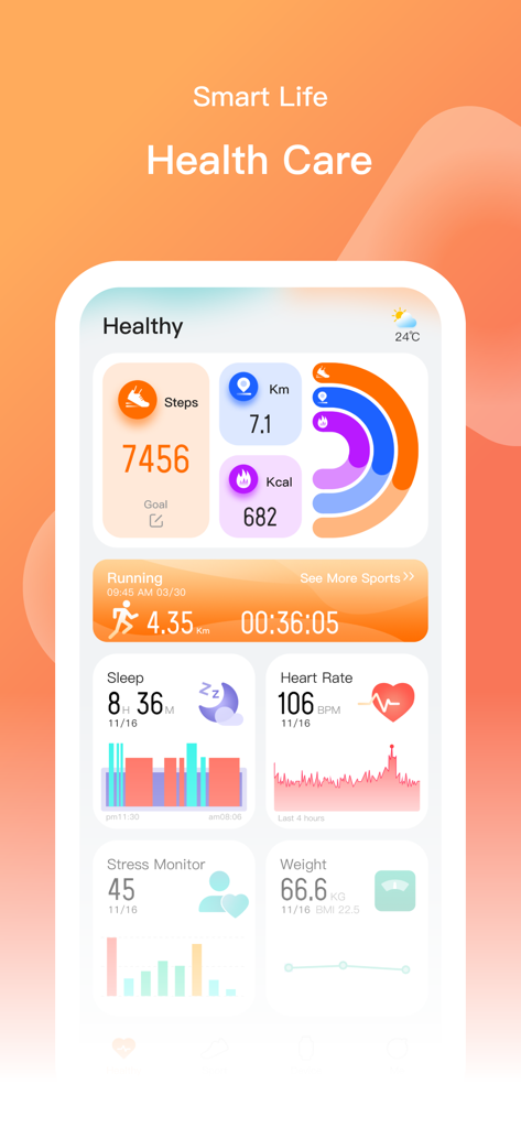 SMART-TIME PRO app health dashboard displaying steps calories heart rate and sleep data
