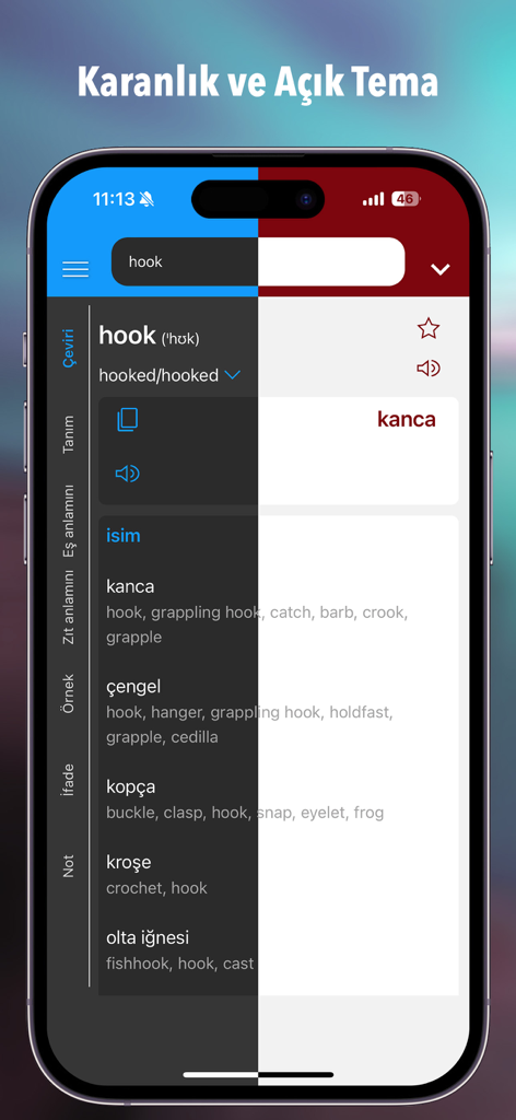 Comparación de la interfaz de los temas oscuro y claro en la aplicación de diccionario turco-inglés Ceviri Plus.