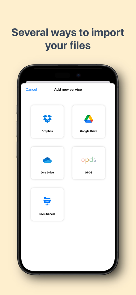Écran de l'application Panels affichant les options pour importer des comics depuis Dropbox, Google Drive, OneDrive, OPDS et les serveurs SMB