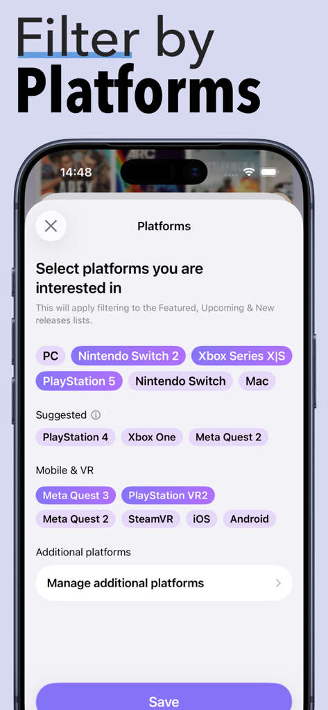 GamingBuddy: Game Tracker - GamingBuddy app interface showing platform selection options to filter game releases for PC, PlayStation, and Xbox