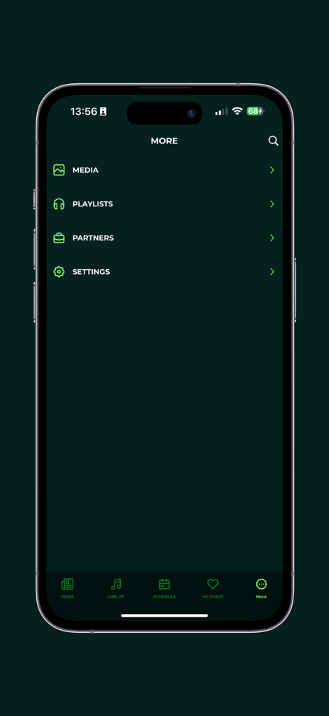 La pantalla del menú 'más' de la aplicación Pukkelpop que muestra opciones para listas de reproducción de medios, socios y configuración