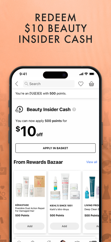 Sephora US: Makeup & Skincare - Sephora app screen showing Beauty Insider points redemption for ten dollars off and product rewards from the Rewards Bazaar