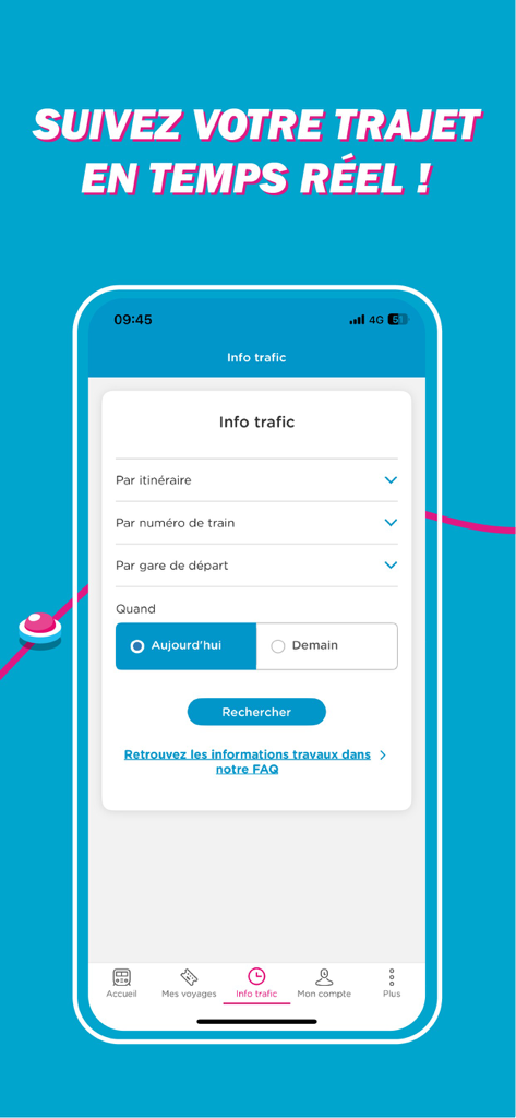 Schermata dell'app mobile OUIGO che mostra informazioni sul traffico ferroviario in tempo reale e opzioni di ricerca per tratta o numero di treno.