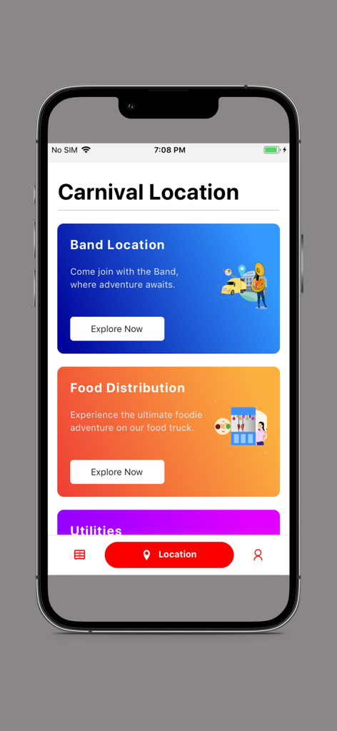 Masquerader Xperience - Pantalla del menú de ubicación de carnaval de la aplicación Masquerader Xperience que muestra funciones como seguimiento de comparsa y distribución de alimentos