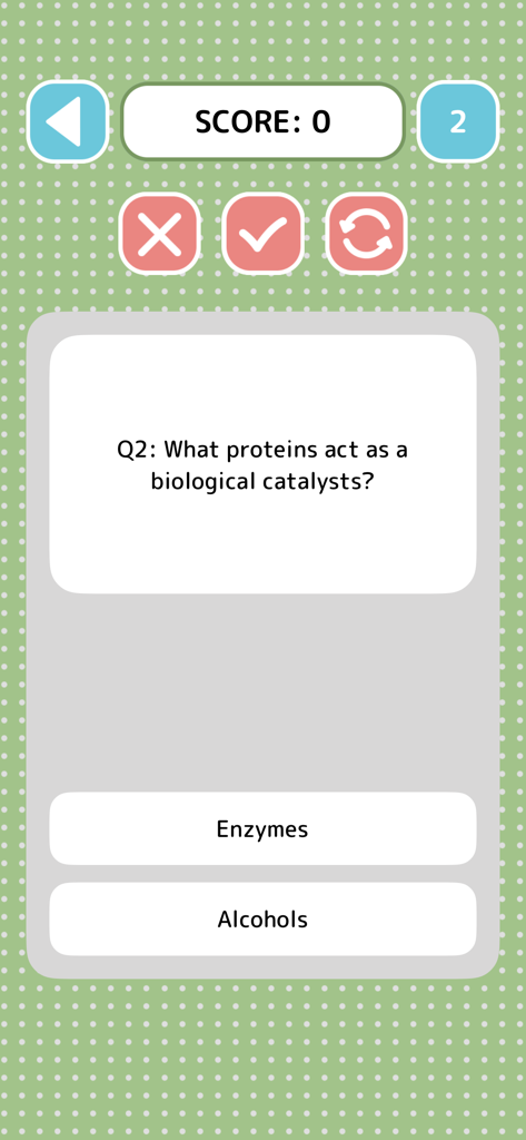 Biology Quiz - Game - Screenshot of a biology quiz game showing a multiple-choice question about biological catalysts