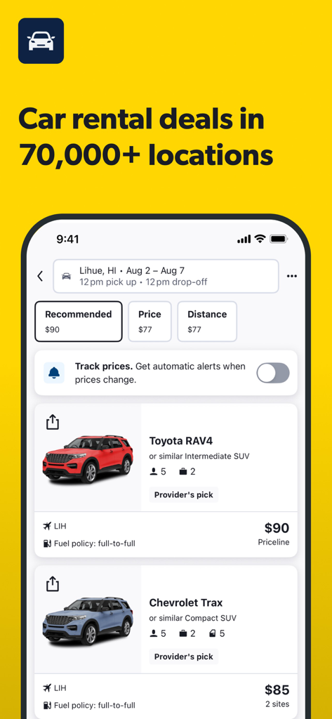 Cheapflights: Flights & Hotels - Cheapflights app screen showing car rental search results for Lihue Hawaii with price comparison and tracking features