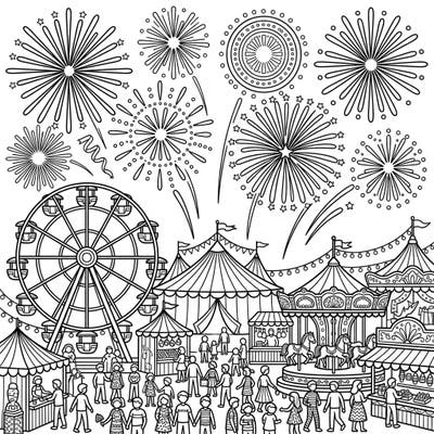 Immerse yourself in a vibrant carnival scene, where dazzling fireworks light up the night sky above a bustling fairground. Designed for teens, this intricate coloring page offers a captivating blend of festive fun and detailed pyrotechnic displays.