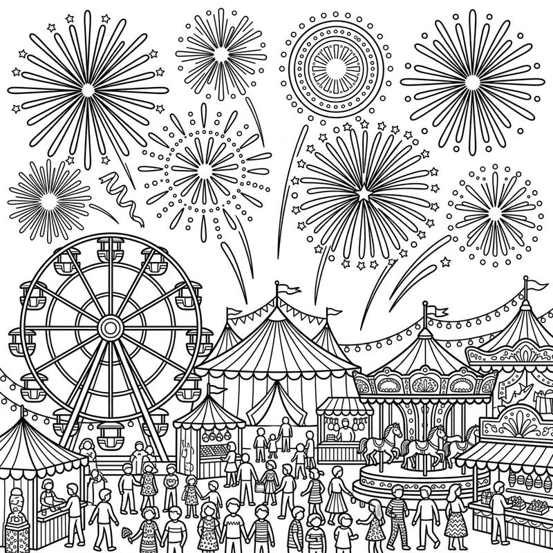 Immerse yourself in a vibrant carnival scene, where dazzling fireworks light up the night sky above a bustling fairground. Designed for teens, this intricate coloring page offers a captivating blend of festive fun and detailed pyrotechnic displays.