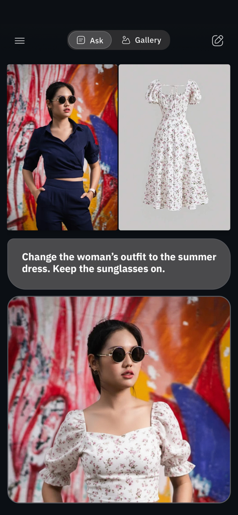 Gimin - AI Photo Editor - A demonstration of the Gimin AI photo editor swapping a woman's outfit for a floral dress using a text prompt.