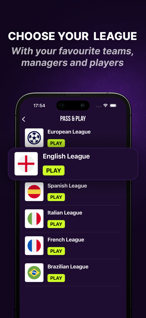 Tela do aplicativo Tiki Taka Toe mostrando opções para escolher ligas de futebol como inglesa, espanhola e italiana para o jogo de trivia.