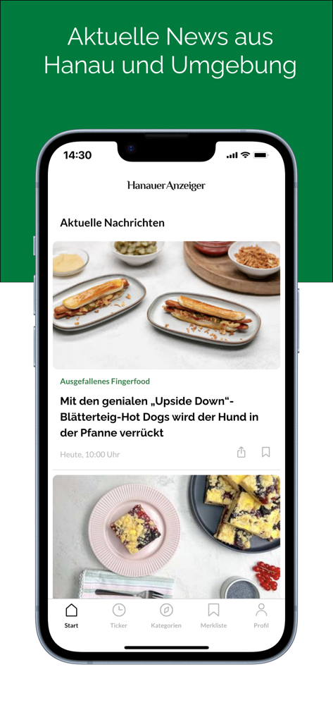 Hanauer Anzeiger News app interface on an iPhone showing a local news feed and lifestyle articles