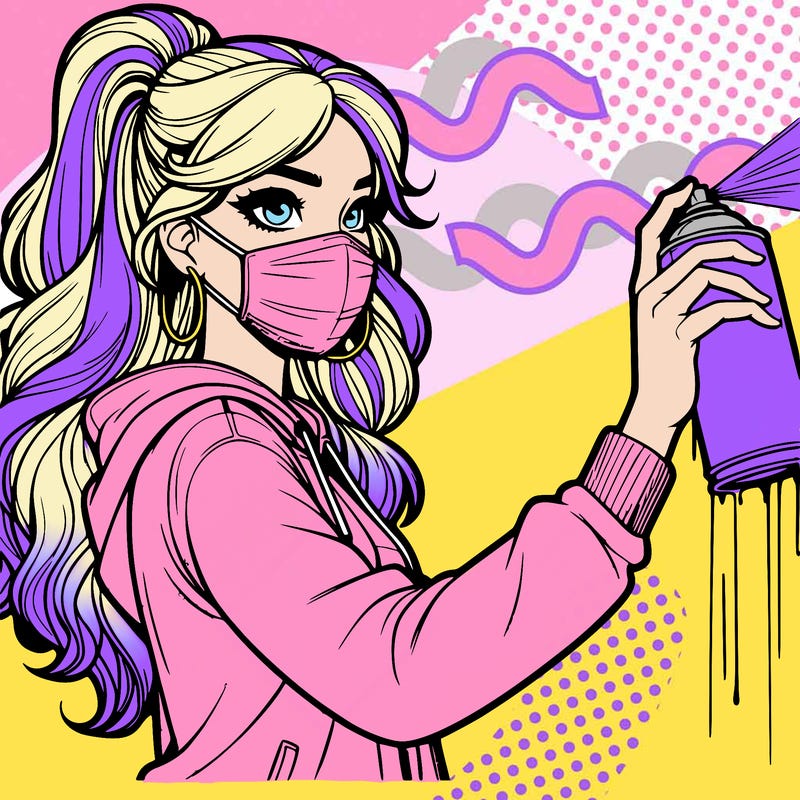 realistic girl with mask spray painting a wall