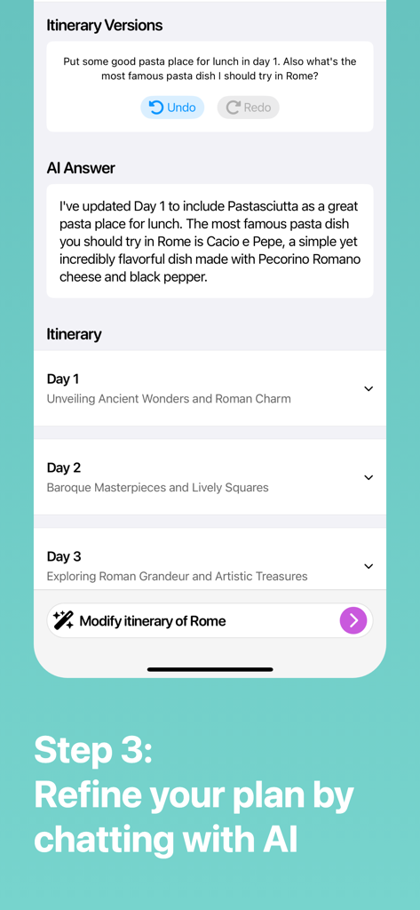 Mobile Ansicht zeigt einen Benutzer, der eine Rom-Reiseroute durch ein Chatgespräch mit KI verfeinert.
