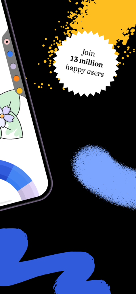 Promotional screen for Lake Coloring Book app showing a 13 million happy users milestone