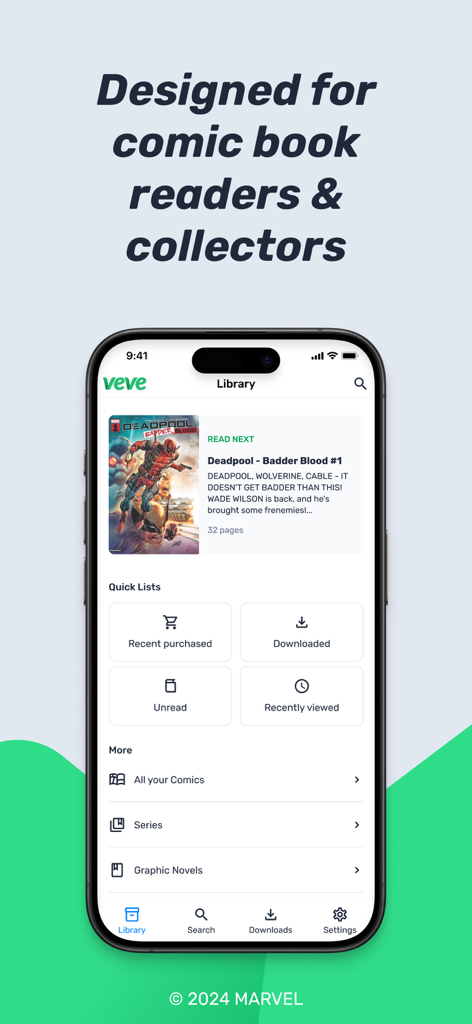 VeVe Comics Reader - La pantalla de biblioteca de la aplicación Lector de Cómics VeVe que muestra un cómic de Marvel y herramientas de organización de la colección.