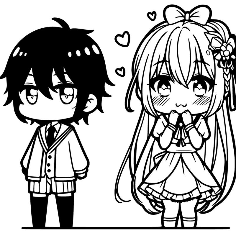 a anime boy next to a girl blushing