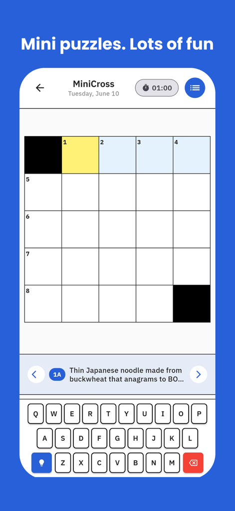 MiniCross app interface showing a 5x5 crossword grid and keyboard.