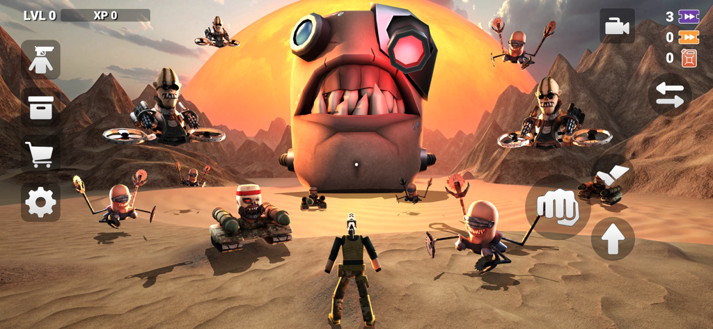 Last Life Sandbox - Last Life Sandboxのゲームプレイ画面。プレイヤーキャラクターが砂漠で巨大なモンスターとロボットの敵に直面しています。