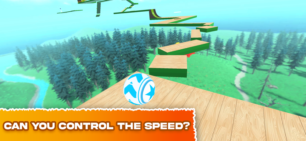 Una bola 3D equilibrándose en un estrecho camino de madera en lo alto de un bosque