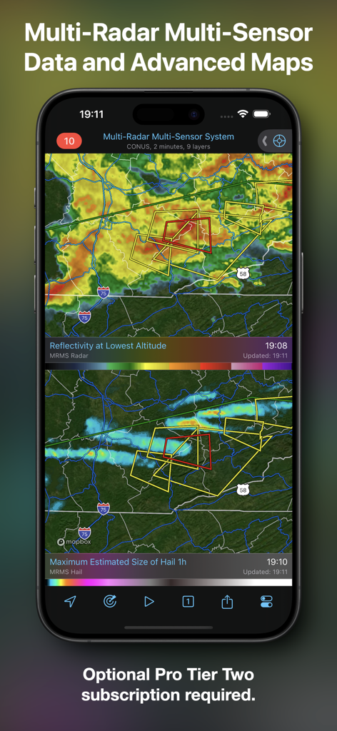 RadarScope - RadarScope app interface showing advanced weather maps with reflectivity and hail size data.