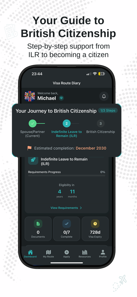 A mobile dashboard from the Visa Route Diary app tracking progress toward British Citizenship and Indefinite Leave to Remain