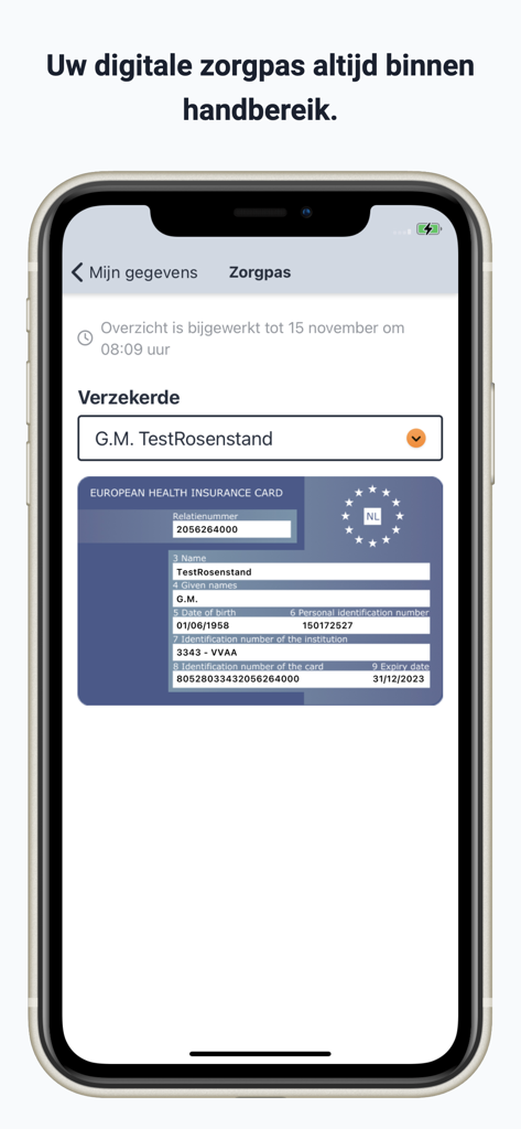 Digital European Health Insurance Card displayed within the VvAA mobile app interface
