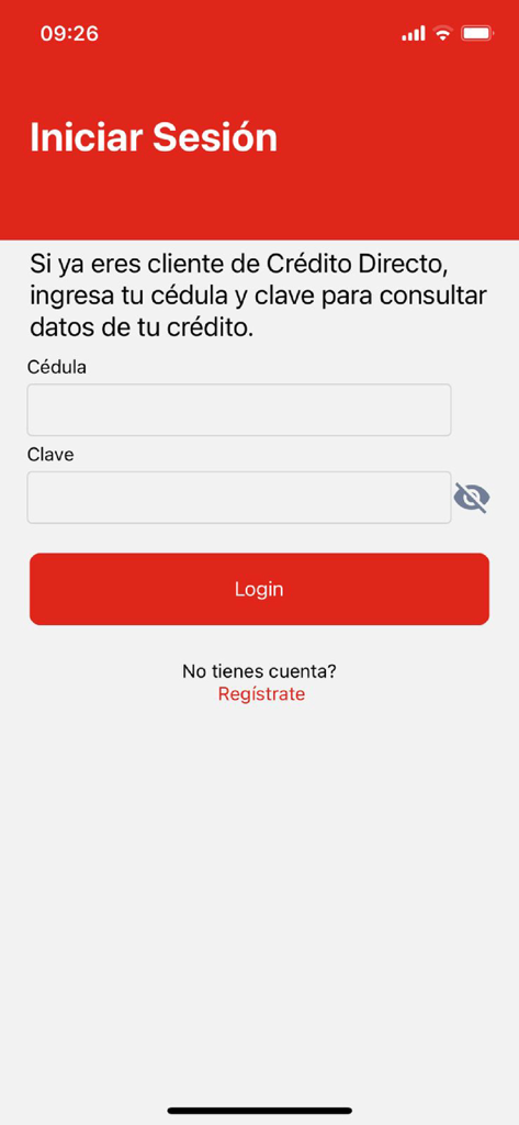 Crédito Favorito - Login screen of the Credito Favorito mobile app