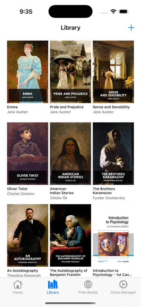 Libri Audiobooks - La interfaz de la biblioteca de la aplicación Libri Audiolibros mostrando una cuadrícula de portadas de libros clásicos y académicos.