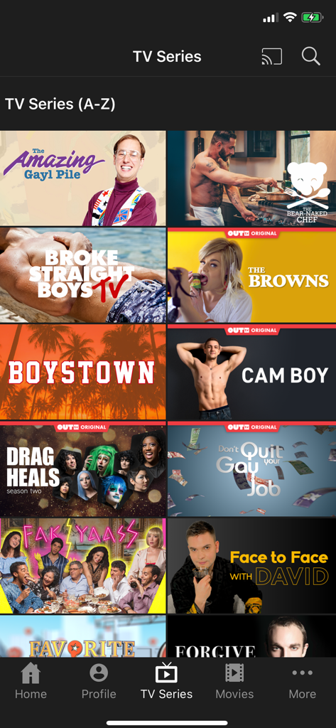 OUTtvGo - OUTtvGo mobile app interface showing a list of LGBTQ themed television series