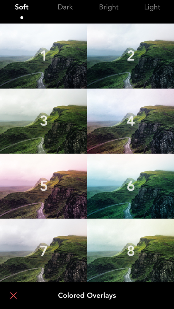 Filters for iPhone and iPad - Una cuadrícula de ocho variaciones de fotos de paisajes que muestran diferentes superposiciones de colores en la aplicación Filtros